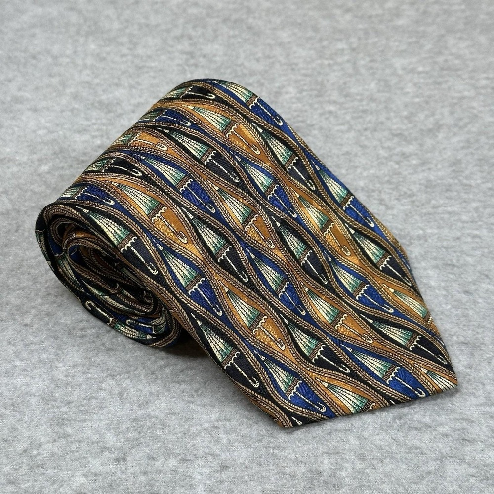Vintage Mara Collection Tie 100% Silk‎ Umbrella Print Gold Blue Countess Mara